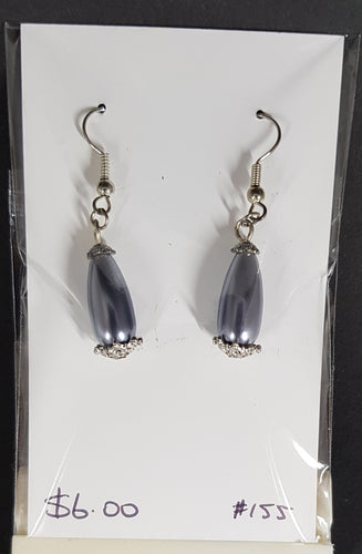 Ear rings - glass pearl tear drop - charcoal