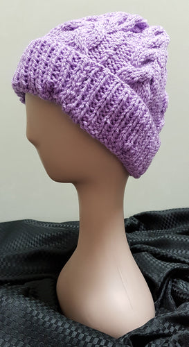 Hand Knitted Beanie, cable pattern, Purple