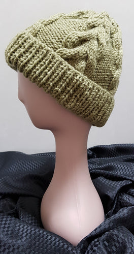 Hand Knitted Beanie. Cable pattern. Olive