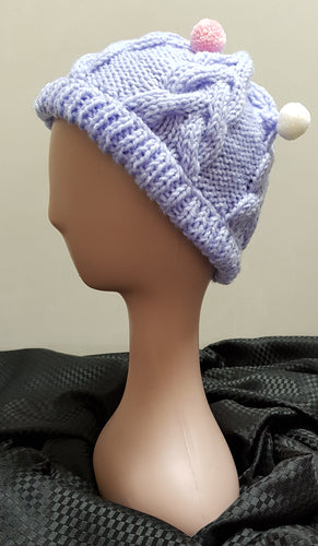 Hand Knitted Cable Stitch Beanie. Lilac with Pom Poms