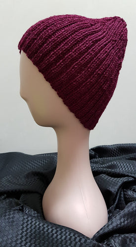 Hand Knitted Ribbed Beanie. Maroon.