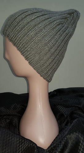 Hand Knitted Ribbed Beanie. Grey
