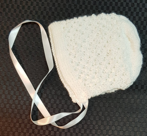 Hand Knitted Baby Bonnet. White